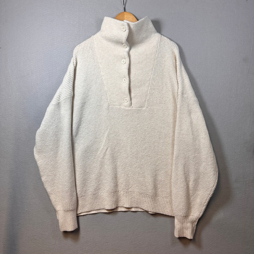 Aerie Womens XXL Cream CozyUp Waffle Button Oversized Sweater Funnel Neck